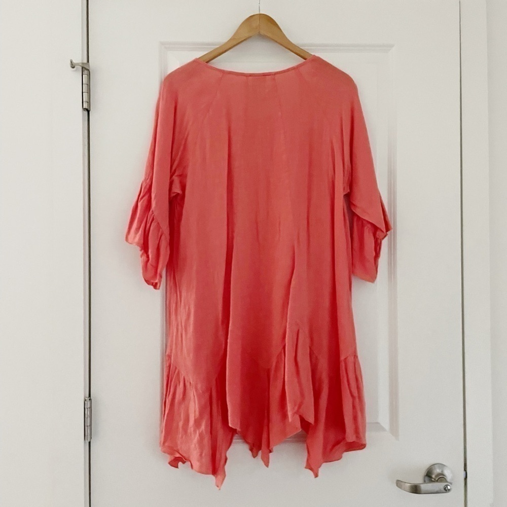 Match Point USA Lagenlook Linen Ruffle Tunic Coral Asymmetrical - Picture 3 of 8